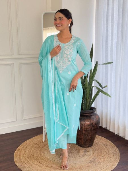 Daily Wear Cotton Kurti Pant Set with Embroidered , Chinnon Dupatta Ready to Wear 3 Piece Suit for Women Wholesale Price 