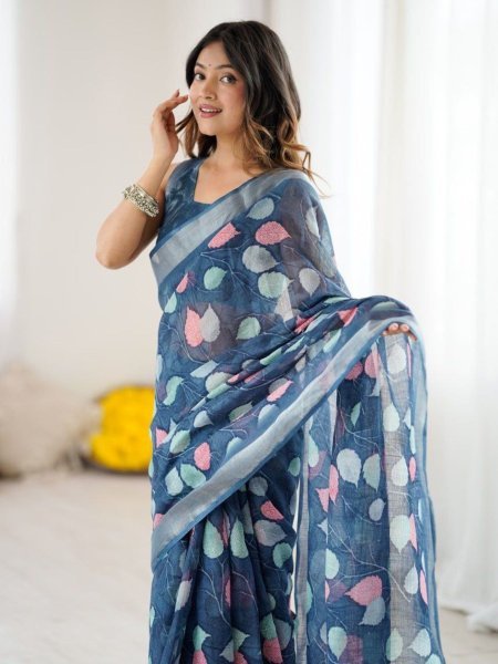 Dark Blue Lilan Patta Printed Saree with Georgette Blouse Elegant Festive Drape Georgette Sarees Wholesale