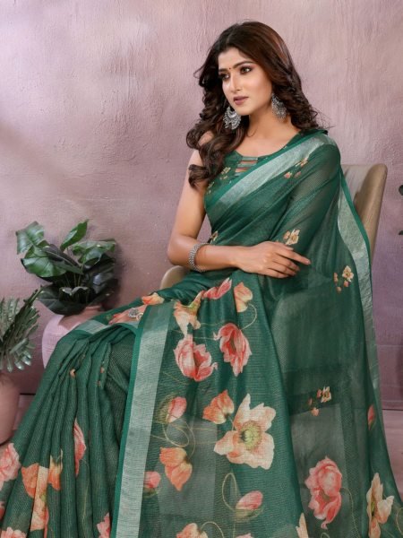 Dark Green Floral Linen Shimmer Saree with Tassel Border for Weddings Printed Cotton Sarees Wholesale