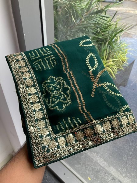 Dark Green Georgette Bandhej Saree with Embroidery Lace Elegant Evening Wear Bandhej Sarees Wholesale