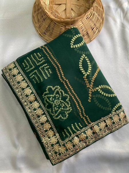 Dark Green Georgette Bandhej Saree with Embroidery Lace Elegant Evening Wear Bandhej Sarees Wholesale