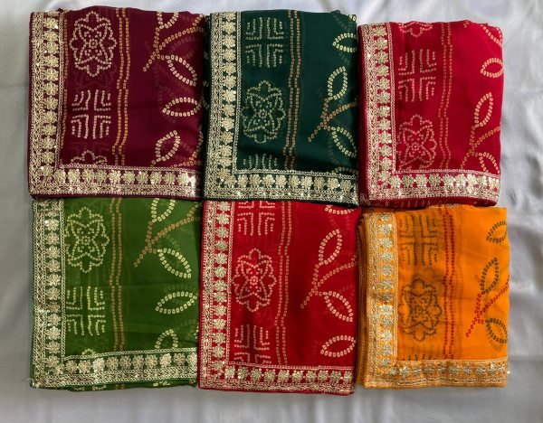Dark Green Georgette Bandhej Saree with Embroidery Lace Elegant Evening Wear Bandhej Sarees Wholesale