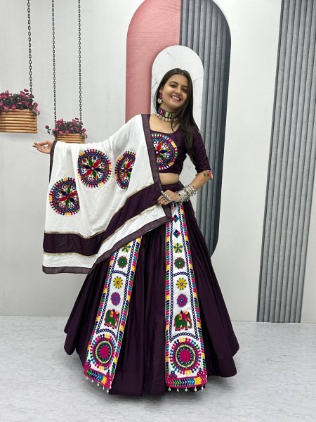 Dark Plum Cotton Lehenga Choli with 6 Mtr Flair and Gamathi Embroidery Navratri Special  Navratri Lehnega Choli