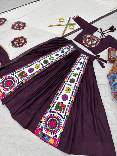 Dark Plum Cotton Lehenga Choli with 6 Mtr Flair and Gamathi Embroidery Navratri Special  Navratri Lehnega Choli