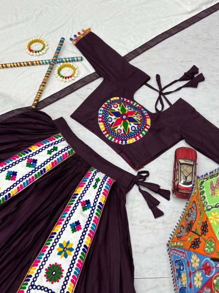Dark Plum Cotton Lehenga Choli with 6 Mtr Flair and Gamathi Embroidery Navratri Special  Navratri Lehnega Choli