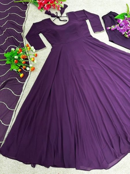 Dark Purple Flared Georgette Gown Pant   Dupatta 3 Piece Kurti Set
