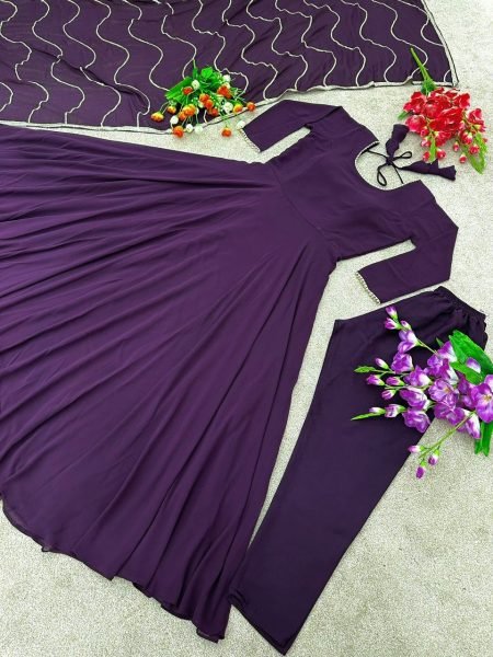 Dark Purple Flared Georgette Gown Pant   Dupatta 3 Piece Kurti Set