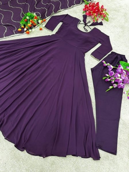 Dark Purple Flared Georgette Gown Pant   Dupatta 3 Piece Kurti Set