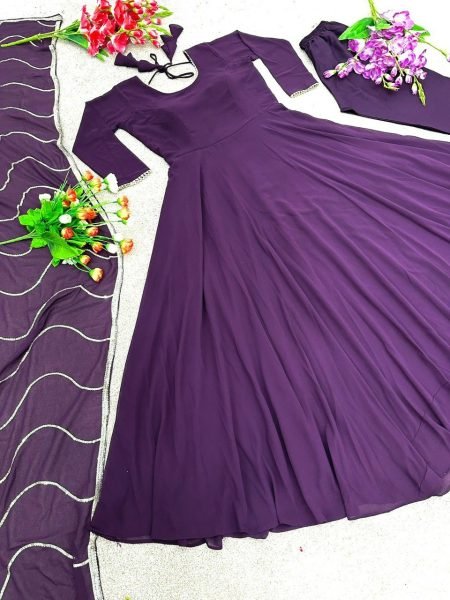 Dark Purple Flared Georgette Gown Pant   Dupatta 3 Piece Kurti Set