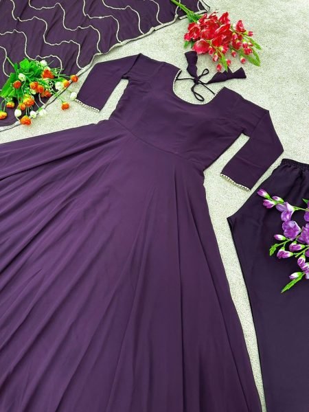 Dark Purple Flared Georgette Gown Pant   Dupatta 3 Piece Kurti Set