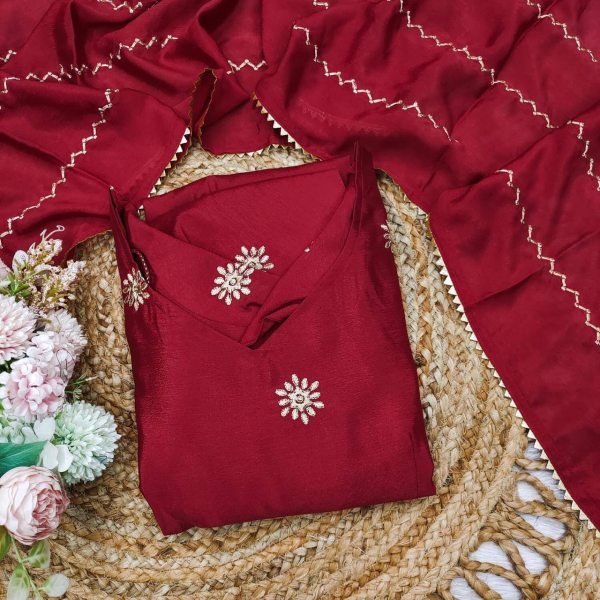 Darkred  Chinon  Embroidered Party Wear kurta With Dupatta  For Women  Kurti With Dupatta Wholesale