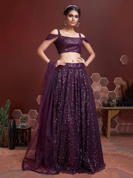 Dark Wine Party Special Soft Net Lehenga Choli by Royal Export 