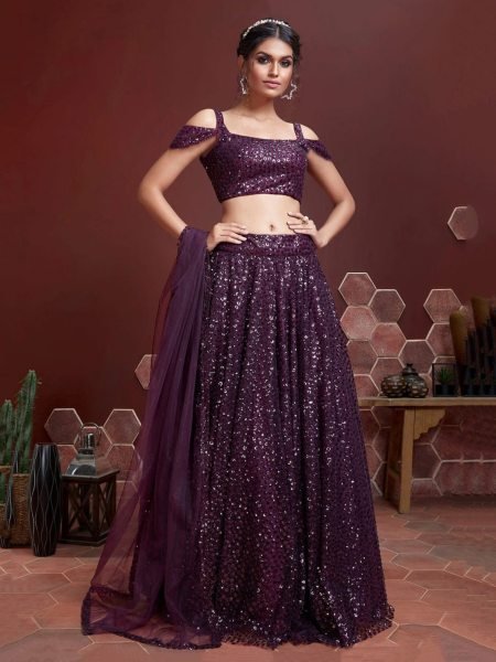 Dark Wine Party Special Soft Net Lehenga Choli by Royal Export Designer Lehenga Choli