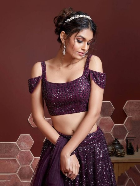Dark Wine Party Special Soft Net Lehenga Choli by Royal Export Designer Lehenga Choli