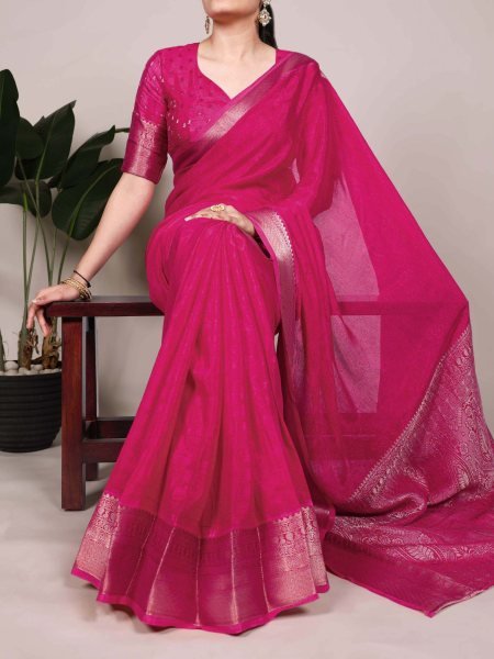 Day Function Perfect Blush Pink Chinon Saree with Intricate Zari Work   Subtle Shine Sarees 