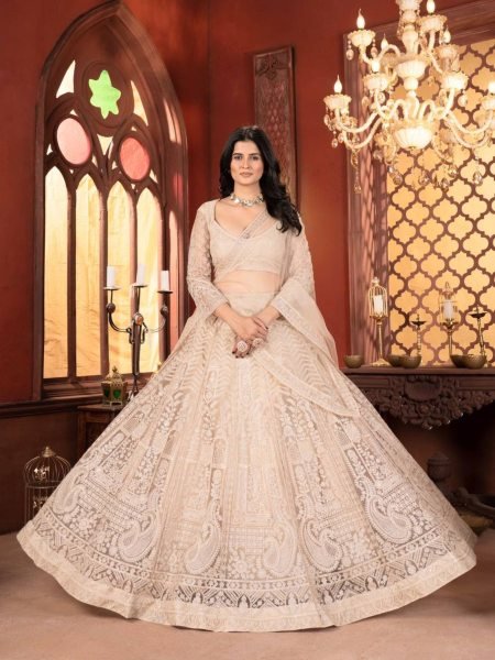 Dazzling Beige Thread Work Net Reception Wear Lehenga Choli With Dupatta Set Special Offer 