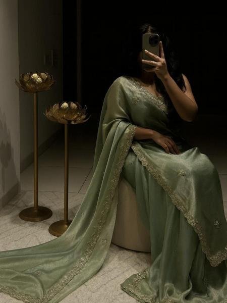 Dazzling Jime Chu Silk Saree with Heavy Hand Work and Sequins Embroidery 