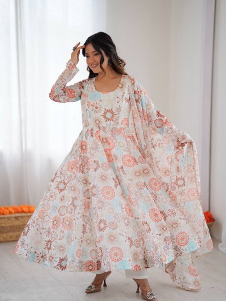 Dazzling Lightweight Organza Floral Printed Gown with Lace Dupatta   Pant for Festive Look  Kurtis