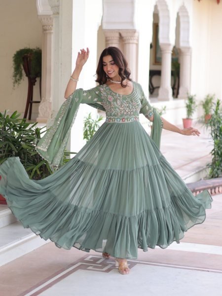Dazzling Pista Green Embroidered Faux Blooming Gown with 12 Meter Flair and Designer Dupatta at Party Wear Kurtis