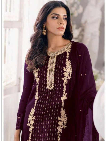 Dazzling Purple Color Heavy Georgette Embroidery Pakistani Suit Pakistani Suits Wholesale