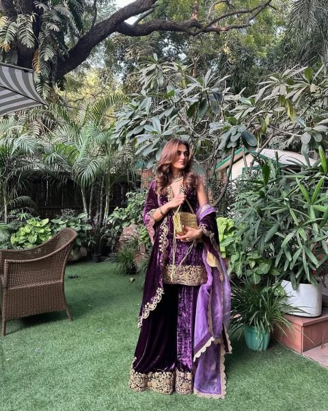 Dazzling Velvet Sequins   Zari Embroidery Kurti Plazzo Suit Set For Winter Wear Ready To Wear Collection