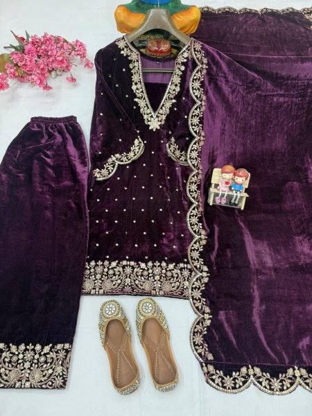 Dazzling Velvet Sequins   Zari Embroidery Kurti Plazzo Suit Set For Winter Wear Ready To Wear Collection