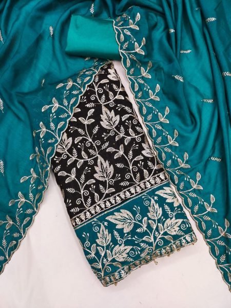 Deep Blue Multi Embroidered Vichitra Silk Salwar Suit Set Color Set Matching Dress Material Wholesale