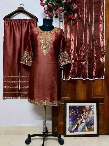 Deep Brown Designer Jimmi Chhoo 3 Piece Set with Zari and Sequins Work for Weddings Ready To Wear Collection