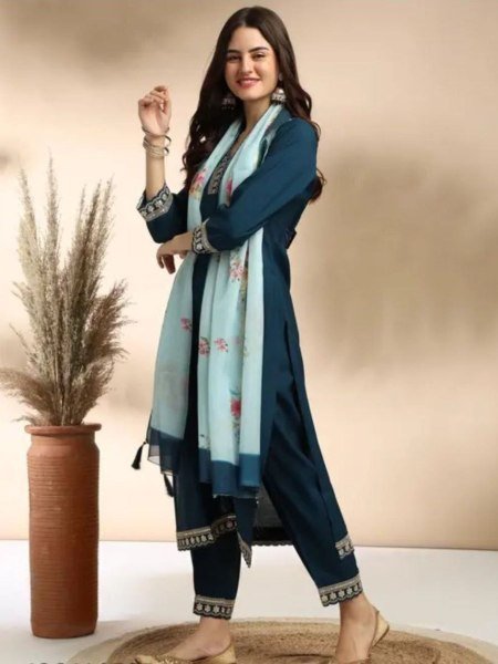 deep green cotton slub kurti set with dupatta graceful 3pc stitched outfit