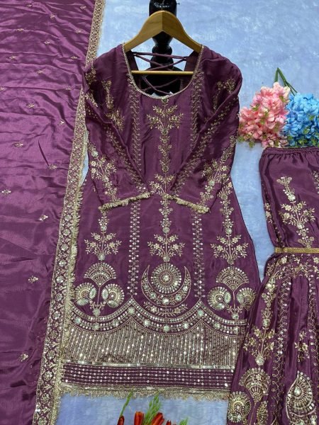 deep purple chinon silk punjabi suit embroidered plazzo set for party wear Ready To Wear Collection