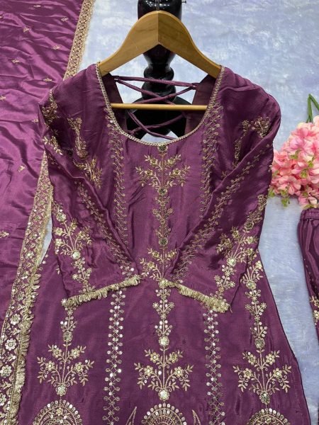 deep purple chinon silk punjabi suit embroidered plazzo set for party wear Ready To Wear Collection