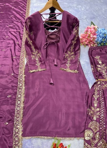 deep purple chinon silk punjabi suit embroidered plazzo set for party wear Ready To Wear Collection