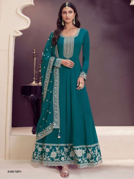 Deep Teal Gleam Edit Ready-to-Wear Chinon Anarkali Set with Embroidered Dupatta Anarakali Gown Wholesale