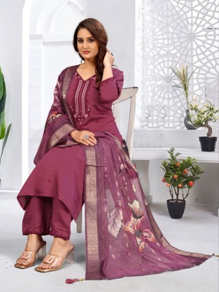 deep wine viscose suit set with matching dupatta graceful stitched look for party wear