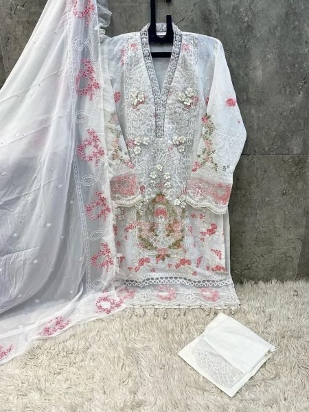 Delicate Embroidered Pakistani Suit in White Georgette Ready to Wear Set Pakistani Suits Wholesale