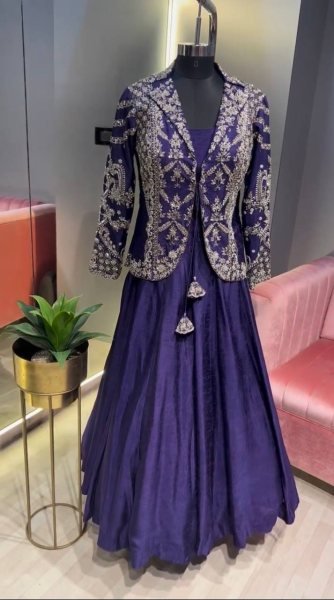 Delightful Chinon Embroidered Koti with Flared Gown for Reception Wear Ready To Wear Collection