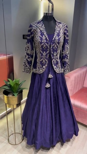 Delightful Chinon Embroidered Koti with Flared Gown for Reception Wear Ready To Wear Collection