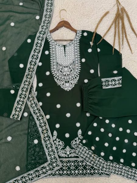 Delightful Faux Georgette Embroidery Sequin Work Kurti Plazzo Dupatta Set for Exports Ready To Wear Collection