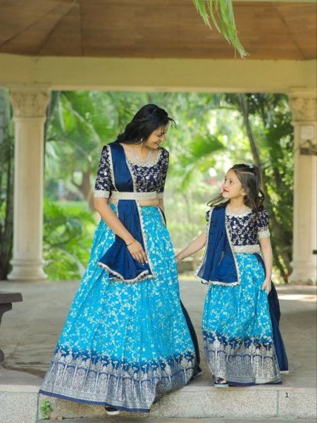Delightful Mother Daughter Combo Pure Silk with Zari Weaving Half Saree Set Mom-Doughter Collection