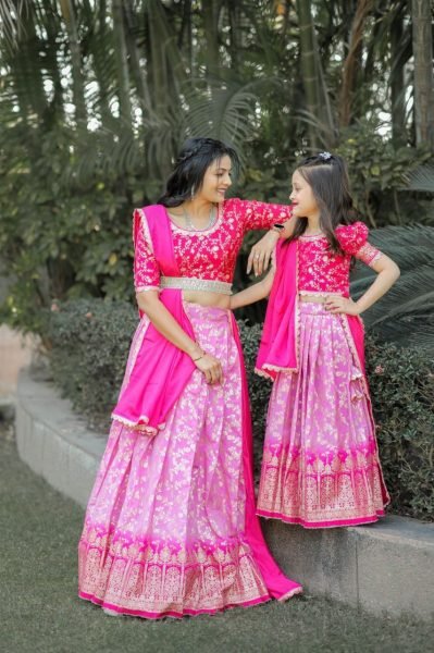 Delightful Mother Daughter Combo Pure Silk with Zari Weaving Half Saree Set Half Saree Lehenga