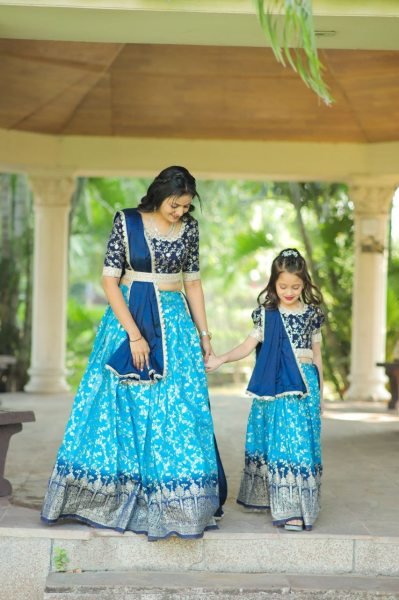 Delightful Mother Daughter Combo Pure Silk with Zari Weaving Half Saree Set Half Saree Lehenga