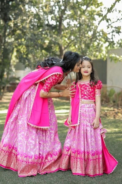 Delightful Mother Daughter Combo Pure Silk with Zari Weaving Half Saree Set Half Saree Lehenga