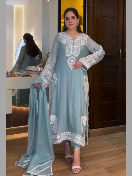 Delightful Organza Party Wear Suit Set with Plazzo and Lace Dupatta for Function Wear Embroidery Kurtis 