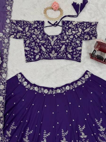 Delightful Purple Faux Georgette Lehenga Choli Set with 4-Meter Flair, Embroidery & Sequins Work – Wedding & Festive Wear Designer Lehenga Choli