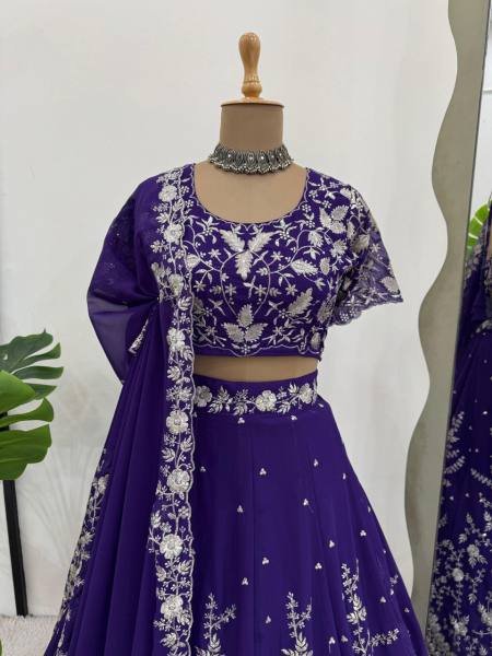 Delightful Purple Faux Georgette Lehenga Choli Set with 4-Meter Flair, Embroidery & Sequins Work – Wedding & Festive Wear Designer Lehenga Choli