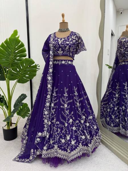 Delightful Purple Faux Georgette Lehenga Choli Set with 4-Meter Flair, Embroidery & Sequins Work – Wedding & Festive Wear Designer Lehenga Choli