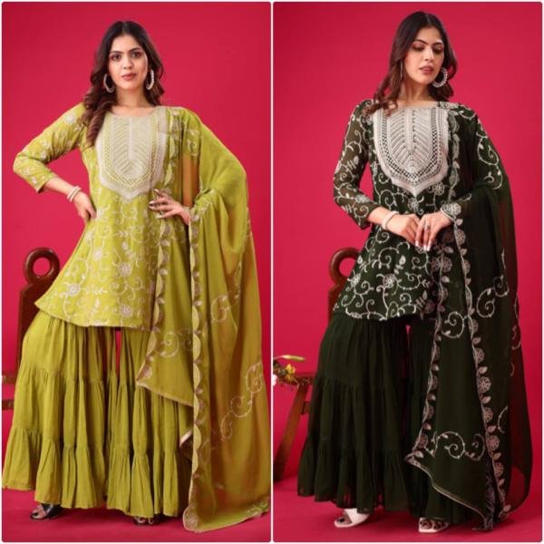 Demanding Lemon Yellow Color Sharara Suit With Embroidery Work  Ready To Wear Collection