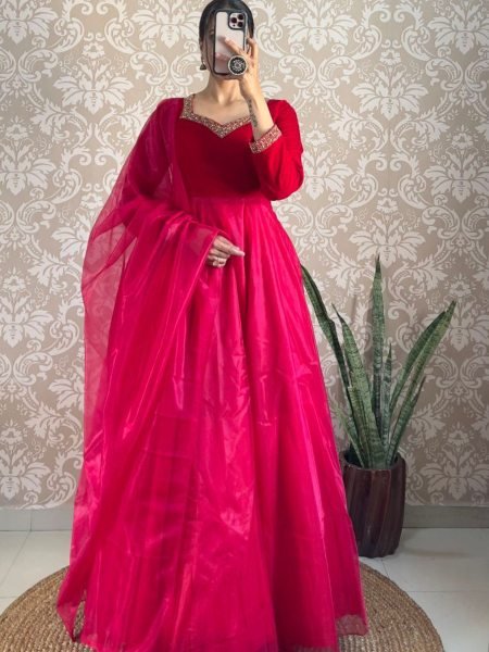 Designer 9000 Velvet Gown with Kardana Hand Work   Cut Work Dupatta Party   Wedding Wear Kurti With Dupatta Wholesale