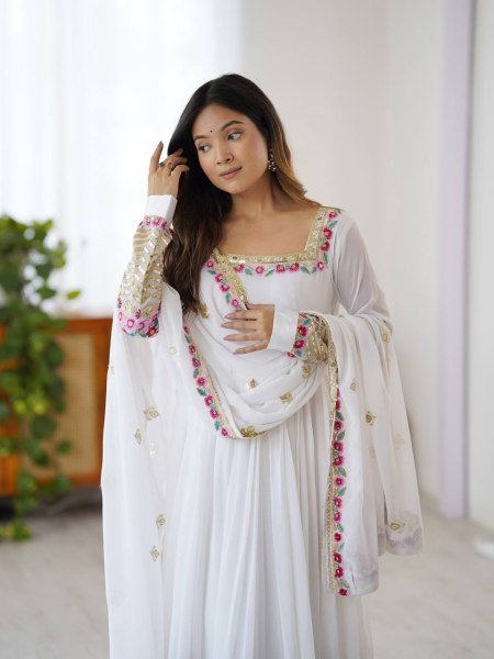 White Heavy Embroidered Anarkali Gown Set Party Collection at Manufacturer Rate Anarkali Kurtis 