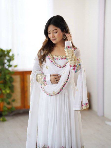 White Heavy Embroidered Anarkali Gown Set Party Collection at Manufacturer Rate Anarkali Kurtis 
